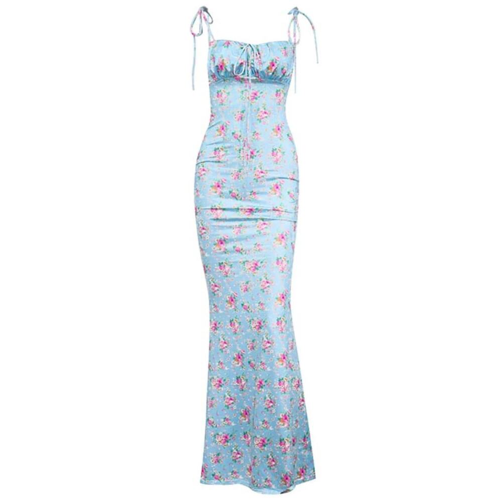 Blue Floral Ruched Maxi Dress Adjustable Straps Bodycon Stretch Wedding Guest S